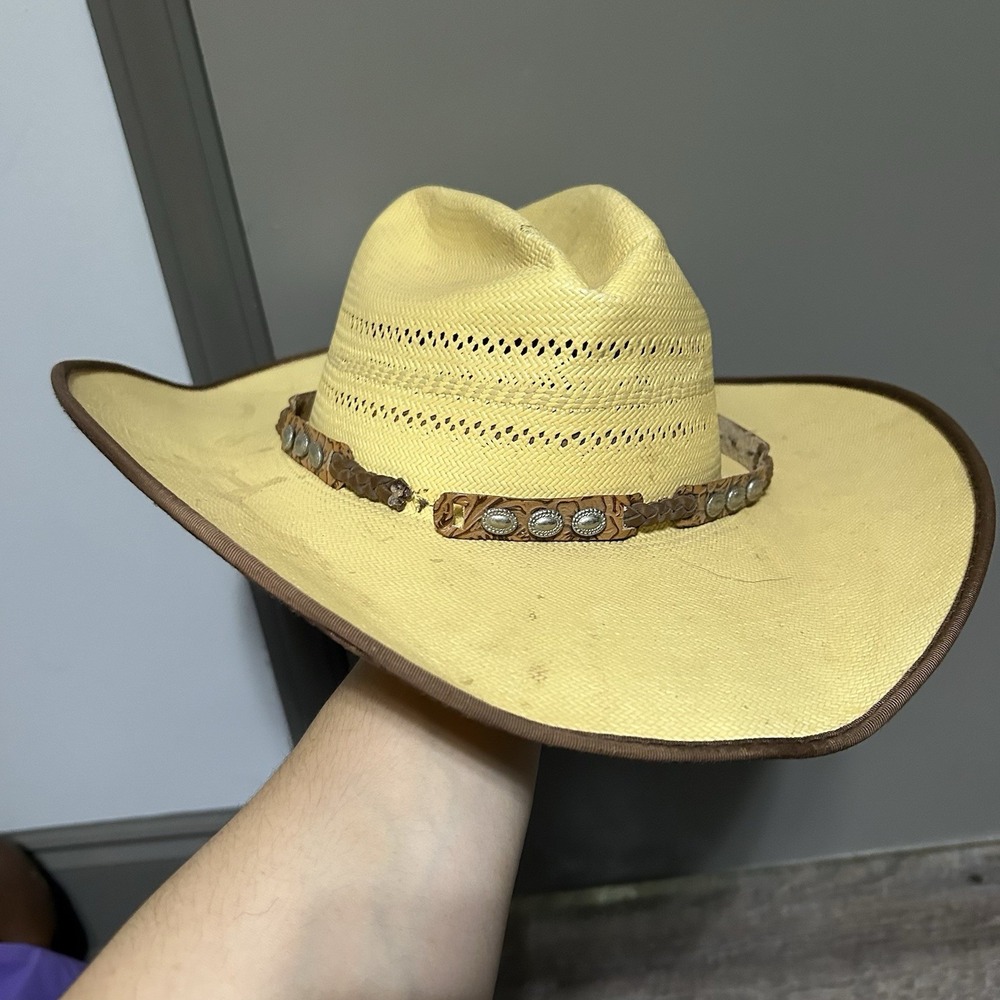 Renegade by Bailey Straw Cowboy Hat Tooled Leather Concho Band Western AS-IS